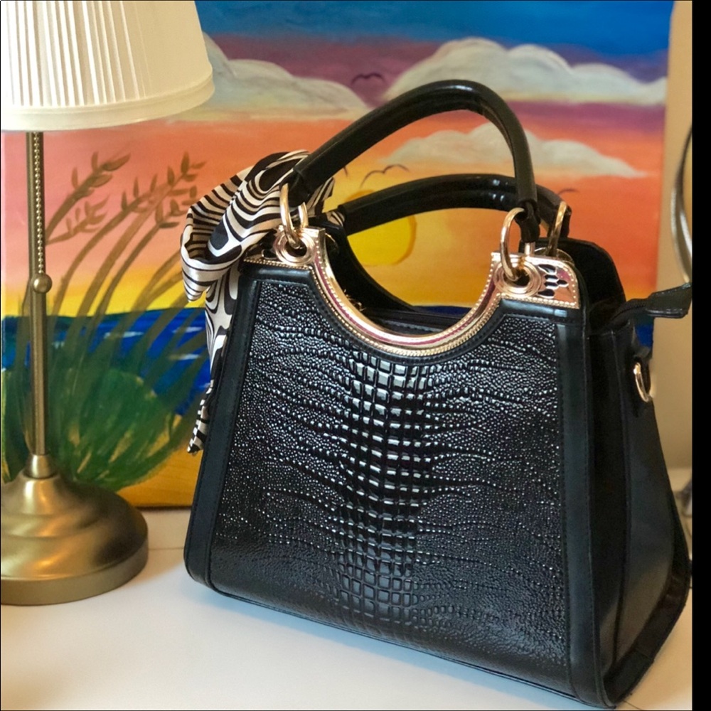 Black Patton Leather Faux Handbag